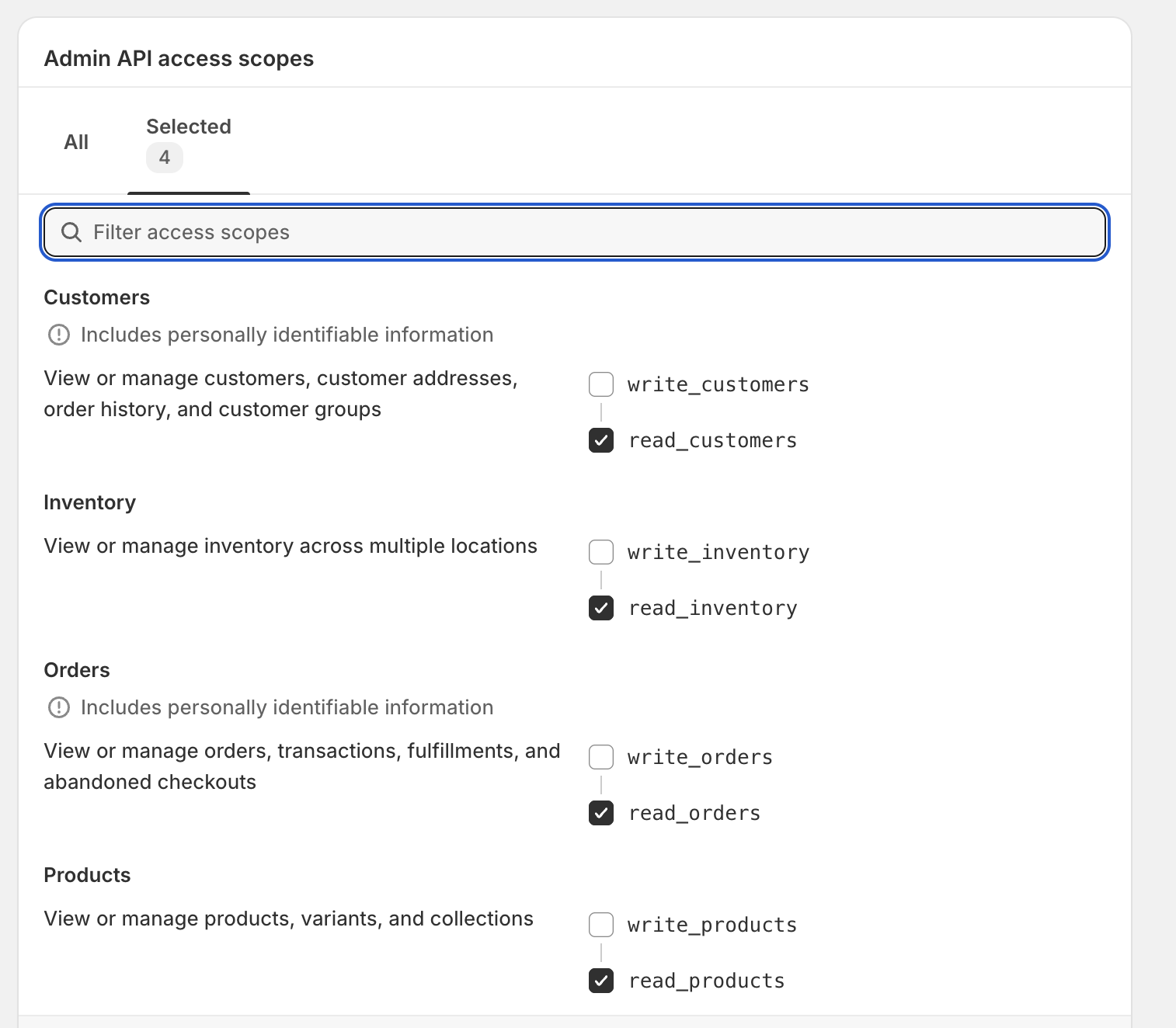 Admin API Scopes Configuration